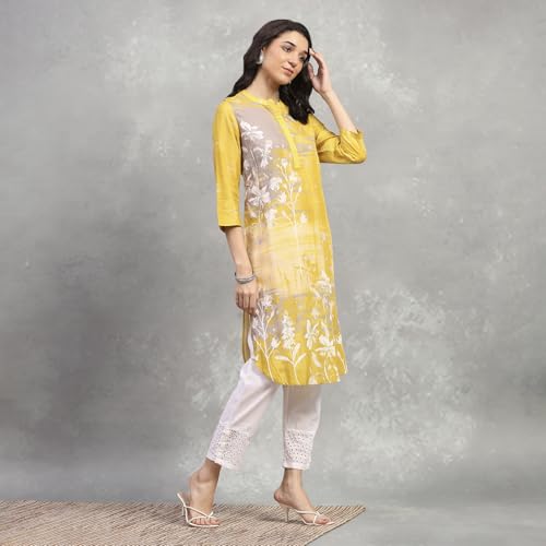 Rangriti Women's Viscose Rayon Printed Straight Kurta (RROZ25123AW25YEL_Yellow