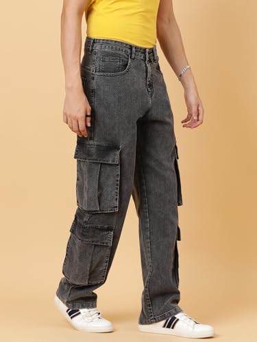 KOTTY Men's Solid Mid Rise Straight Fit Stylish Looking Cargo Jeans(Grey,30)