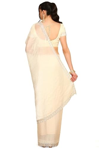 Soch Womens Cream-Coloured Stone Embellished Organza Saree