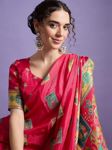 AKHILAM Women's Pink Viscose Silk Ethnic Motif Printed Saree With Unstitched Blouse Piece (MSTANI130E_HS)