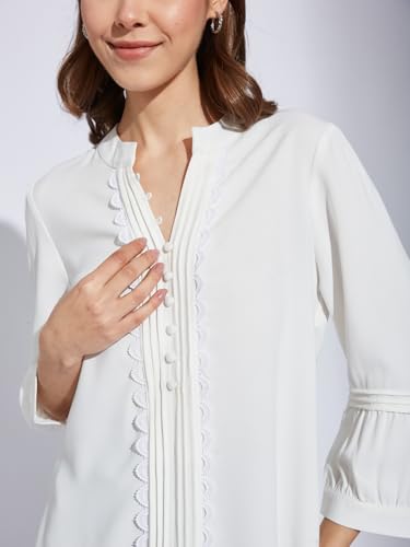Latin Quarters Women White V-Neck 3/4th Sleeve Solid Tunic Blouse_S