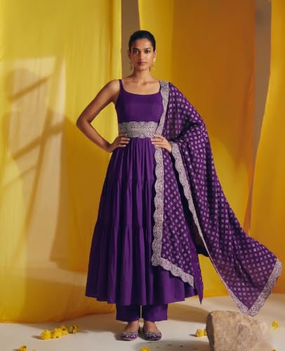 Women's Purple Silk Blend Anarkali Kurta Set With Dupatta