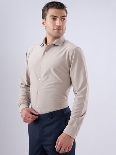 Raymond Men Regular Fit Knitted Pattern Pure Polyester Semi Cutaway Collar Full Sleeve Tail Bottom Hem Formal Shirt Dark Fawn