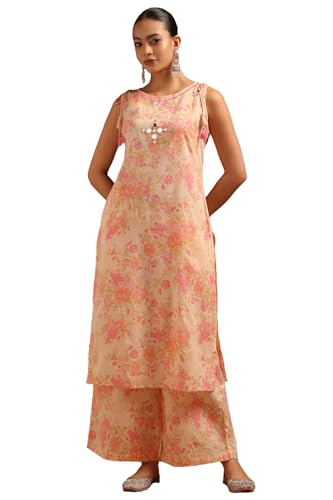 Soch Womens Peach Cotton Floral Co-Ords Set With Mirror Work