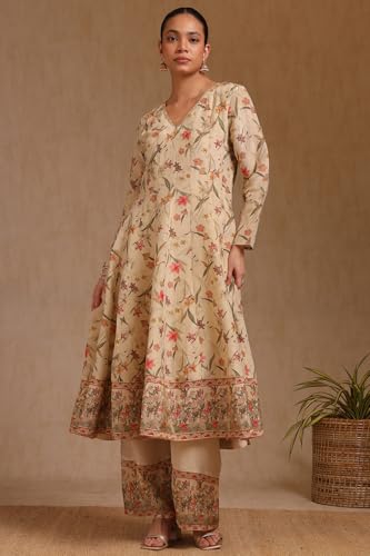 Soch Womens Beige Tissue Floral Print Suit Set With Cutdana