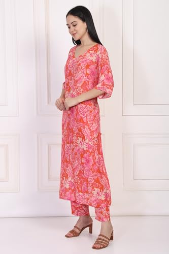 W for Woman Orange Floral Printed Kaftan Modal Kurta with Pant (WS13911-127597-L)