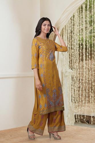 W for Woman Glitter Printed Shantung Straight Kurta And Pants Set