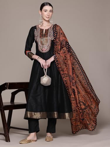 Aarke Ritu Kumar Black Humayra Solid Round Neck Kurta With Pant And Dupatta