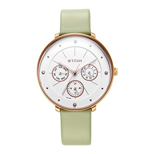 Titan Workwear Neo Quartz Multifunction White Dial Green Leather Strap Watch for Women - NT2651WL09