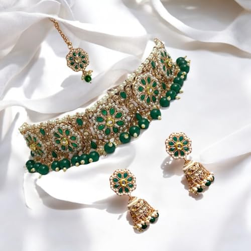 ACCESSHER green-white choker set features pearls, American Diamonds, matching maangtika, earrings with Transparent earrings supporter sticker and Mangtikka Support Patch