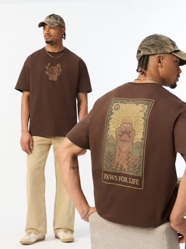 The Souled Store The Happy Pawdcast: Paws for Life Men and Boys Short Sleeves Round Neck Brown Graphic Printed Casual Drop Shoulder Casual Cotton Oversized T-Shirt