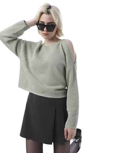 ONLY Women's Self Design Regular Fit Green Sweater