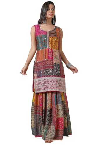 Soch Womens Fuchsia Chinon Abstract Print Suit Set With Zardosi