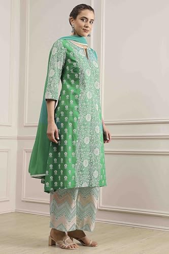 Biba Women's Green Cotton A-Line Printed Suit Set