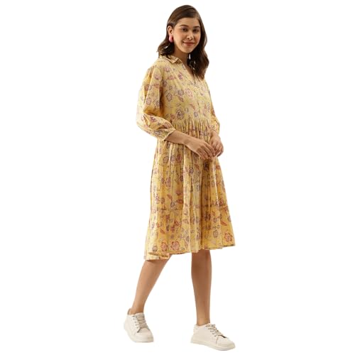 Divena Yellow Floral Printed Rayon Dress for Women