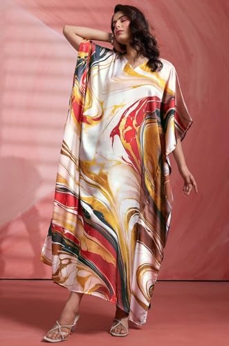 Label Aarna Classic Marble Soft Satin Women Kaftan Dress with Digital Print