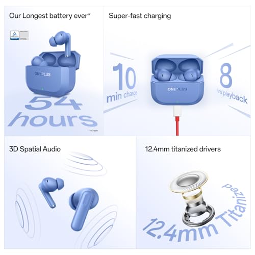 OnePlus Nord Buds 3r TWS Earbuds up to 54 Hours Playback, 2-mic Clear Calls, 3D Spatial Audio, AI Translation, 12.4mm Drivers, Dual-Device Connectivity, 47ms Low Latency - Aura Blue
