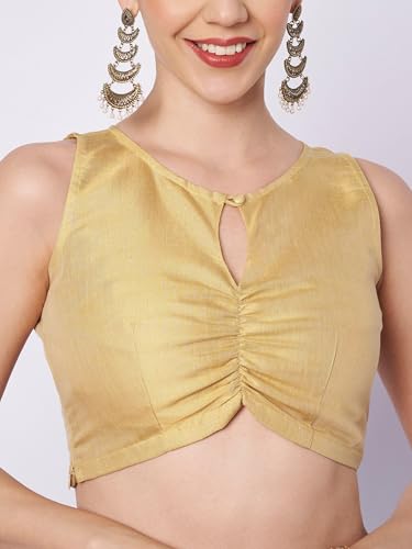 studio rasa Women's Cotton Tissue Key-Hole Readymade Crop Top for Festive Party Wedding(TPWC12606XS_Gold_X-Small)