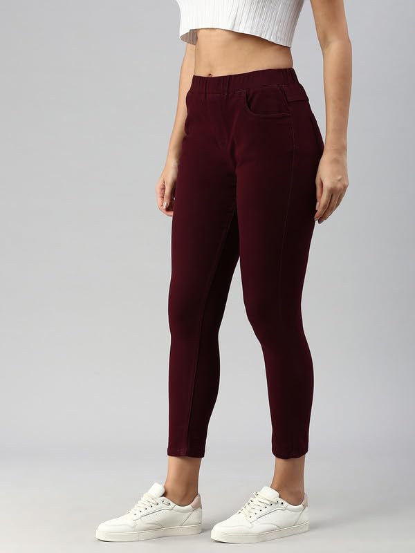 De Moza Women Jegging Woven Bottom Solid Cotton Wine