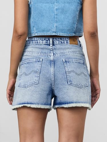 The Souled Store Denim Shorts: Cube Women and Girls Buttoned Blue Solid Cotton Denim Shorts