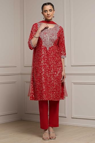 Biba Women Green-Maroon Cotton Straight Printed Suit Set_34