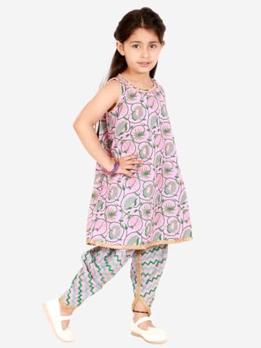 superminis Baby Girls Sangakari Print A Line Style Sleeveless, Round Neck Kurti and Dhoti with Elastic Closure Ethnic Dress (Pink, 6-7 Years)