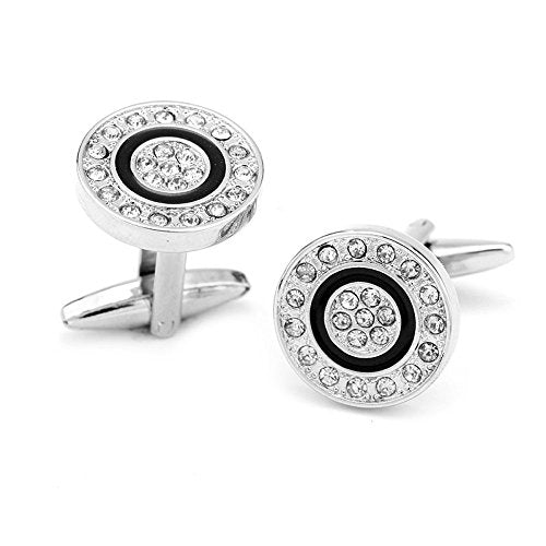 SS Silver Black Enamel Round Crystal Cufflinks for Men