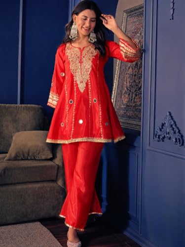 Women's Silk Crepe Kurta Set With Pant, Mirror Work