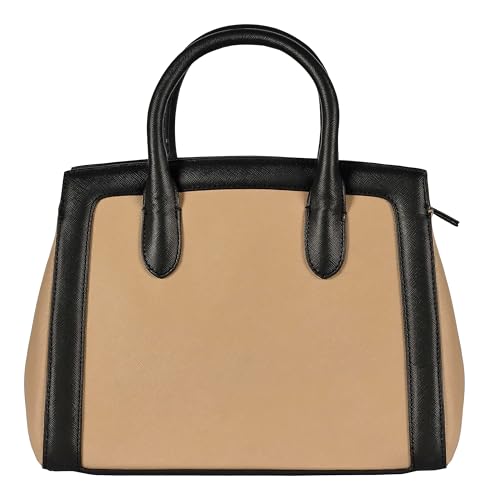eske Avila Compact Handbag for Women Vegan Saffiano Leather Satchel with Slider Clasp Zip and Slip Pockets Padded Handles Adjustable Sling Strap Small Office Purse (Stone)