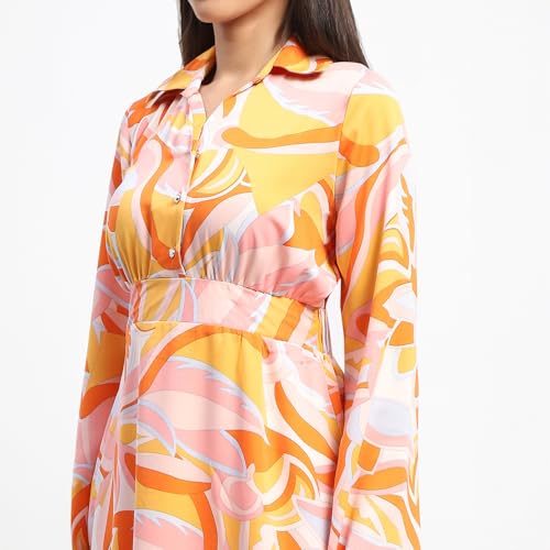 Madame Cinch Waist Abstract Print Bell Sleeves Orange Dress