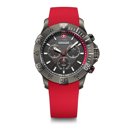 WENGER Seaforce Chrono Swiss Made 43 mm, Black Dial, Red Silicone Strap, Men's Watch - 01.0643.128