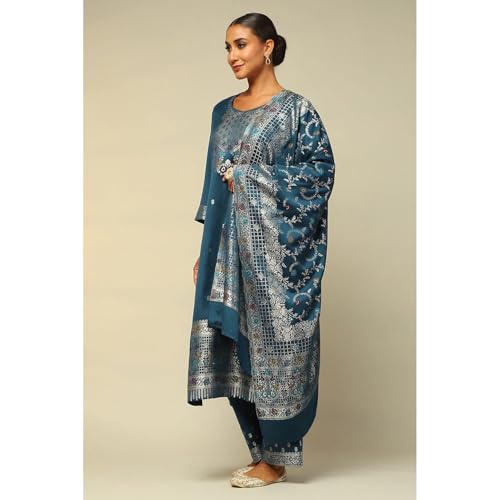 Rangriti Women's Acrylic Kurta Set (WNTRWR19647AW24PTRLBLU_Petrol Blue
