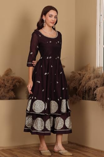 W for Woman Purple Floral Printed Dori Embroidered Chanderi Flared Kurta with Mock Layer and Dupatta Set (Size: XS)-24AUWS11194-124358