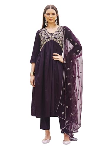 Womanista Women's Wine Cotton Blend Multi Flared Alia Cut Kurta with Pant and Dupatta (Kurtaset_1304_XXL)