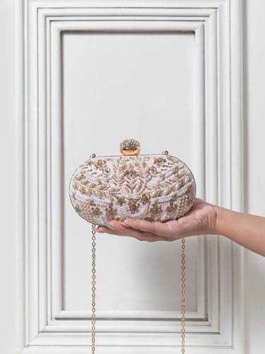 THE TAN CLAN Elizah Zarozi Hand Embroidered Clutches for Women Purses Luxury Evening Handbags for Ladies, Pink