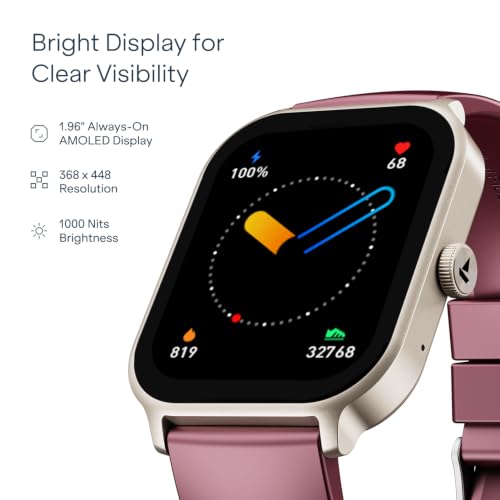 boAt Ultima Ember 2 Smartwatch, 1.96” AMOLED Display, Ultra Bright 1000 nits Brightness, AOD, Personalized Fitness Nudges, Functional Crown, 100+ Sports Mode smartwatch for Men & Women (Velvet Wine)