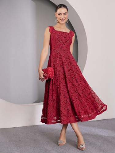 Miss Chase Womens Square Neck Sleeveless Self-Designed Ruffled Midi Lace Dress (MCSS25D16-76-143-04, Maroon, M)