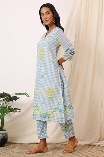 W for Woman Blue Checker Chanderi Straight Kurta, Pants and Dupatta Set (Size: S)-WS12497-125420