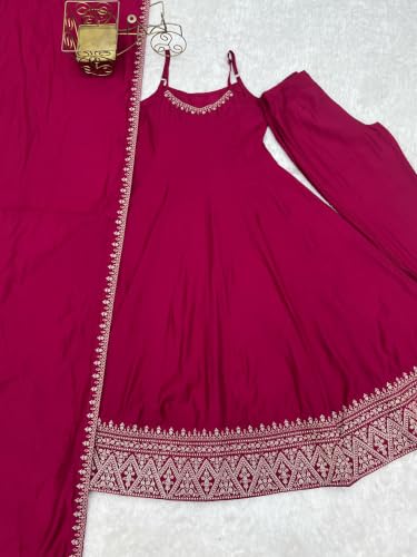 Leeli Peeri Designer Women's Chanderi Silk Embroidery Work Anarkali Kurta Set With Dupatta.