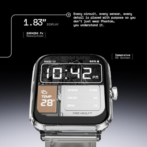 Fire-Boltt Ninja Phantom Smart Watch 1.83” Display, Transparent Clear Body Design, Bluetooth Calling, 120+ Sports Modes, Voice Assistant, AI Outfit Watch Face Smartwatch for Men & Women Black Smoke