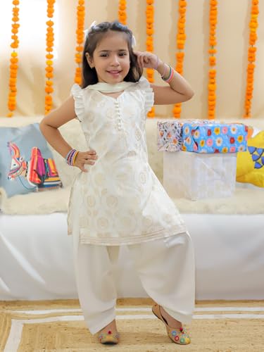 BownBee Chanderi Kurti with Patiala Salwar and Dupatta for Girls-Off white (Set of 1) Solid/Printed colorful full length fully stitched regular fit Ethnic wear dress for Kids-Age_1 to 2 Years