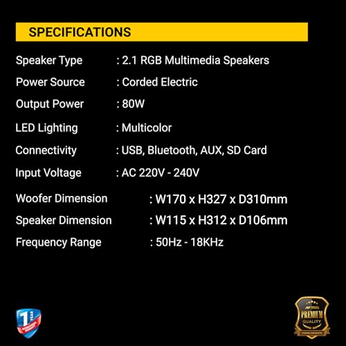 Ant Esports GS80,80W 2.1 Channel Bluetooth Multimedia RGB Speaker with Subwoofer Satellite Speaker, Digital LED Display, Remote, Digital FM, USB & SD Card, Strong Bass, Perfect for Music – Gun Black