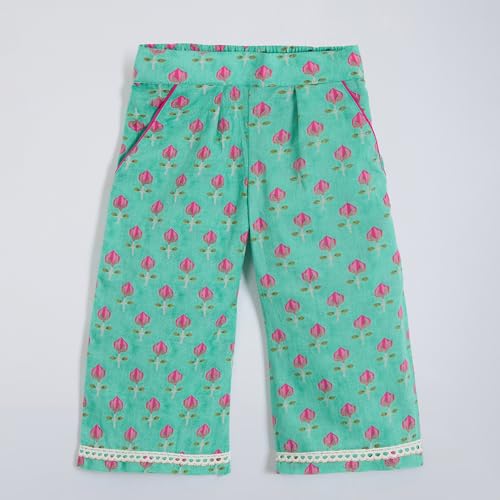 Hopscotch Girls Sleeveless Teal 2-Pc Floral Cotton Palazzo Set For Age (4-5 Years)