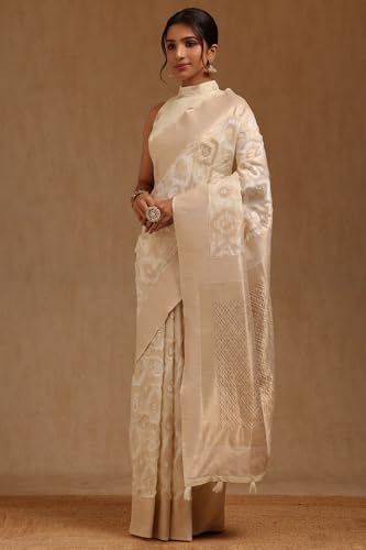 Soch Womens Cream Linen With Zari Woven Saree With Zari Woven