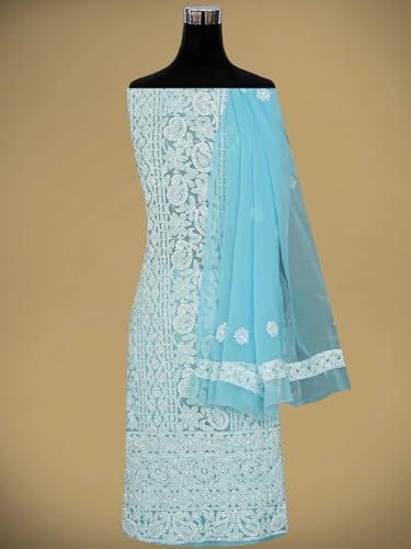 Ada Hand Embroidered Lucknowi Chikankari Unstitched Georgette Dress Material Suit Piece with Dupatta for Women 01A873538 Blue