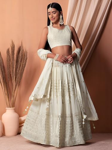 Zeel Clothing Women's Sequins Thread Embroidered Georgette Semi Stitched Lehenga Choli With Dupatta (5115-White-Wedding-Stylish-Latest; Free Size)