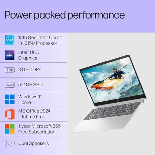 HP 15, Intel Core i3-1315U-13th Gen Laptop (8GB DDR4 Ram,512GB SSD) Anti-Glare, Micro-Edge,15.6''/39.6CMs FHD, Win11,M365 Basic(1yr),Office Home24, Silver,1.59kg, FHD fd0569TU