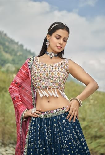 Divine Exim Women's Georgette Semi Stitched Lehenga Choli with Dupatta | Thread and Sequin Embroidery Pattern | Traditional, Wedding, Ethnic Wear Lehenga (Blue)
