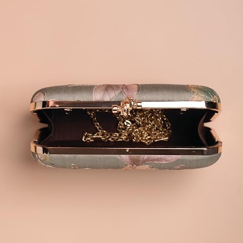 Artklim Pastel Grey Floral Printed Fabric Clutch Bag for Women – Stylish Clutch Purse | Hand Clutches for Women | Clutches for Wedding & Bridal Clutches Latest