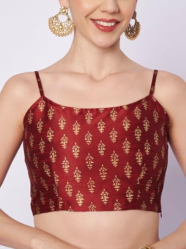 studio rasa Women's Dupion Hand Block Printed Spaghetti Readymade Crop Top for Festive Party Wedding(TPWC12609L_Maroon_Large)